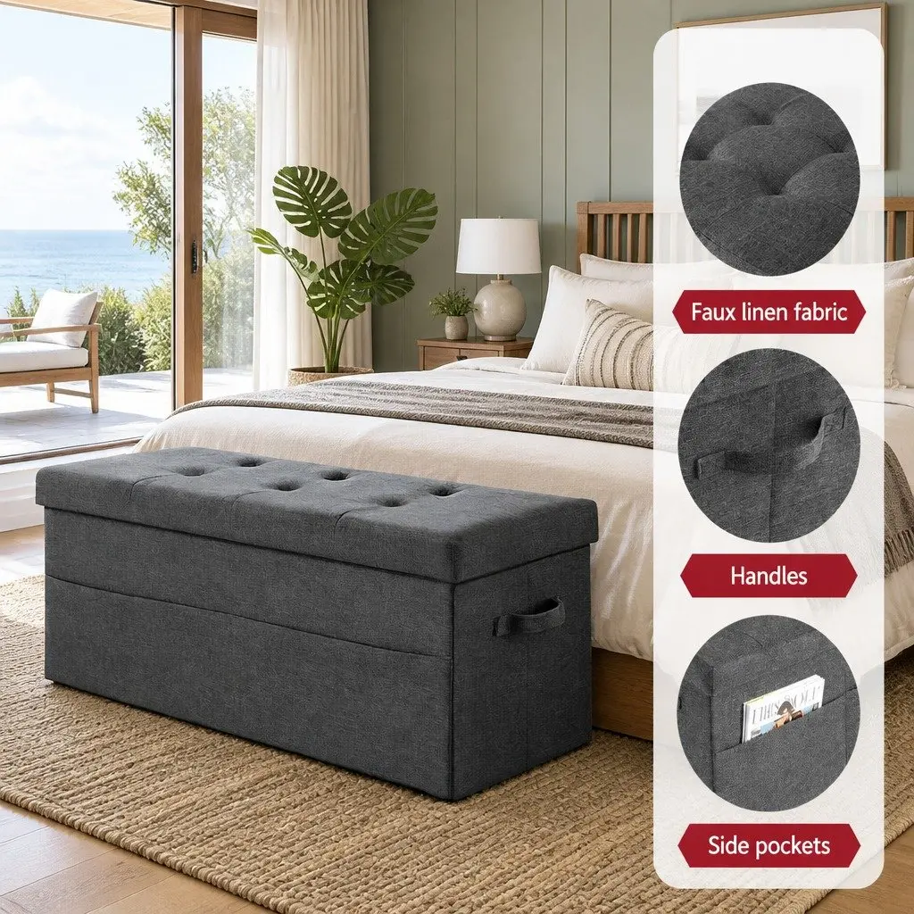 Storage Ottoman Foot Stool Living Room Foldable Grey 76cm x 38cm x 38cm