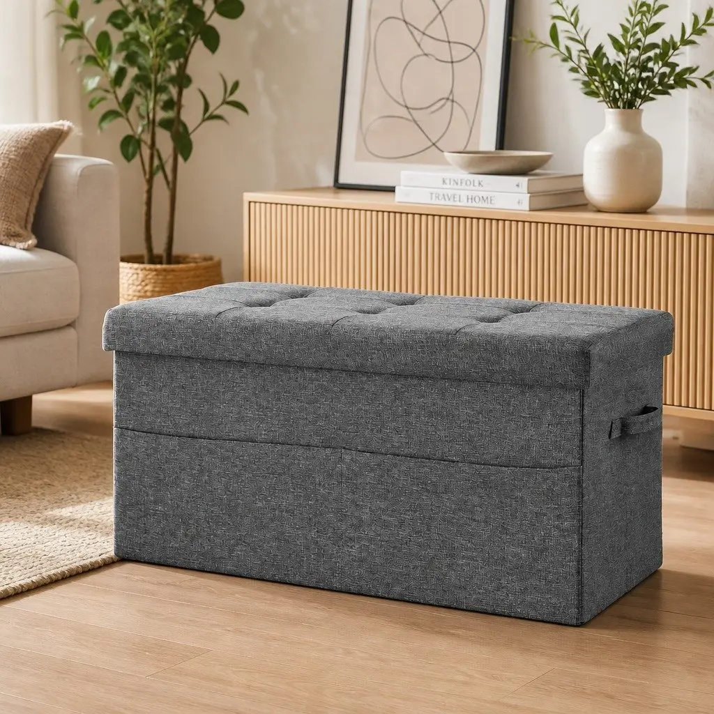 Storage Ottoman Foot Stool Living Room Foldable Grey 76cm x 38cm x 38cm