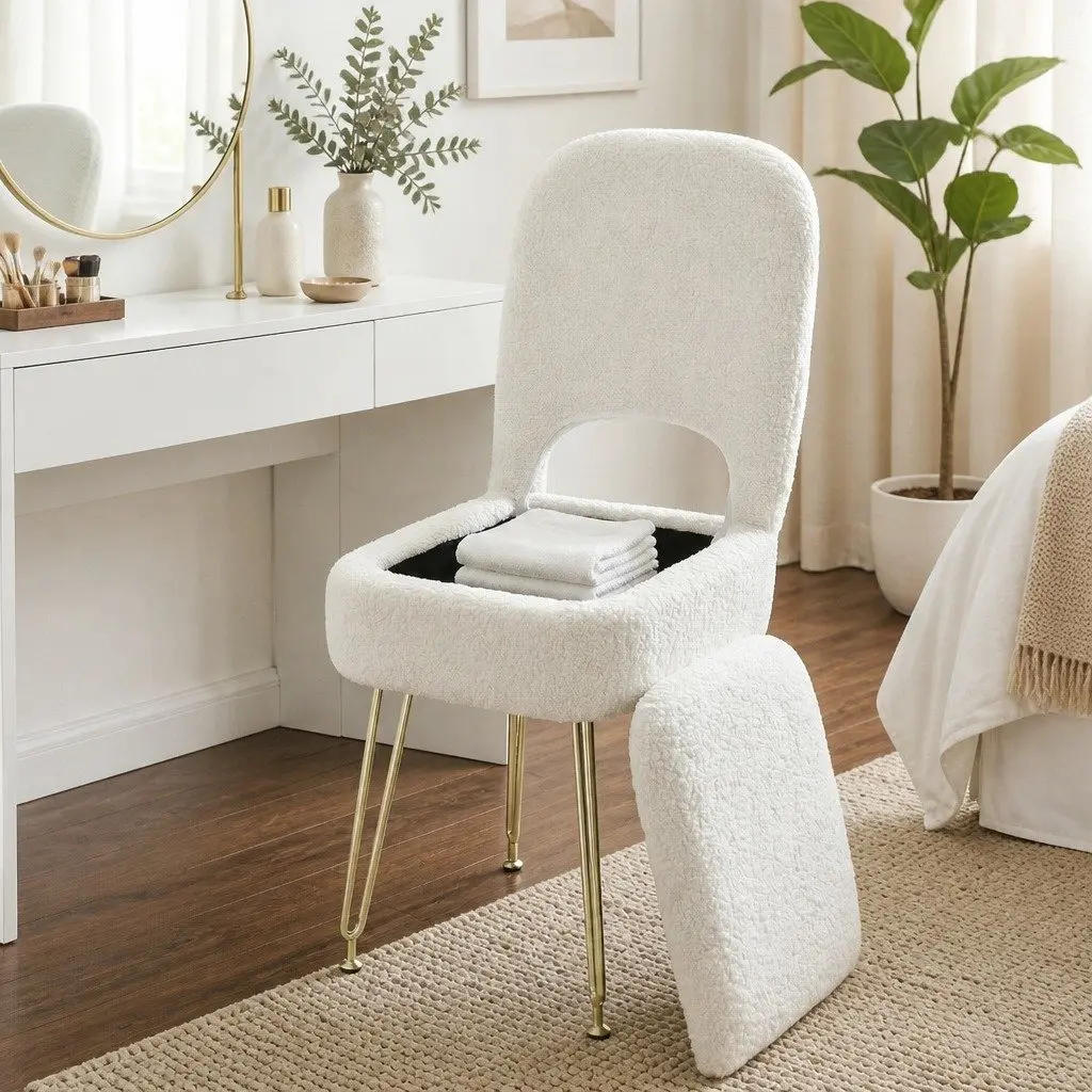 Storage Ottoman Footstool with Backrest for Bedroom Living Room White