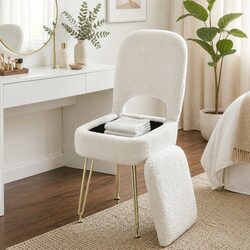 Compact White Storage Ottoman with Dimensions and Specs