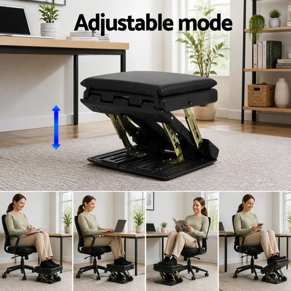 Adjustable Footrest Stool for Office Use Black Acupressure Massage Cushion Pad 32x32x29cm