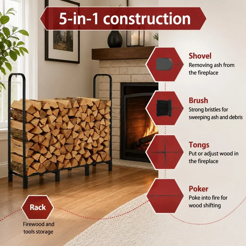Firewood Rack Storage 120cm Heavy-Duty Log Holder Patio Garage Tools Included