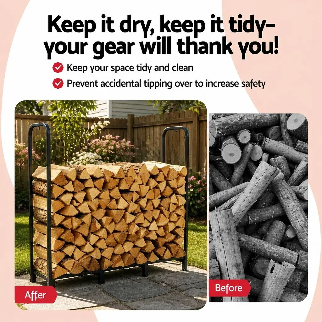 Firewood Rack Storage 120cm Heavy-Duty Log Holder Patio Garage Tools Included