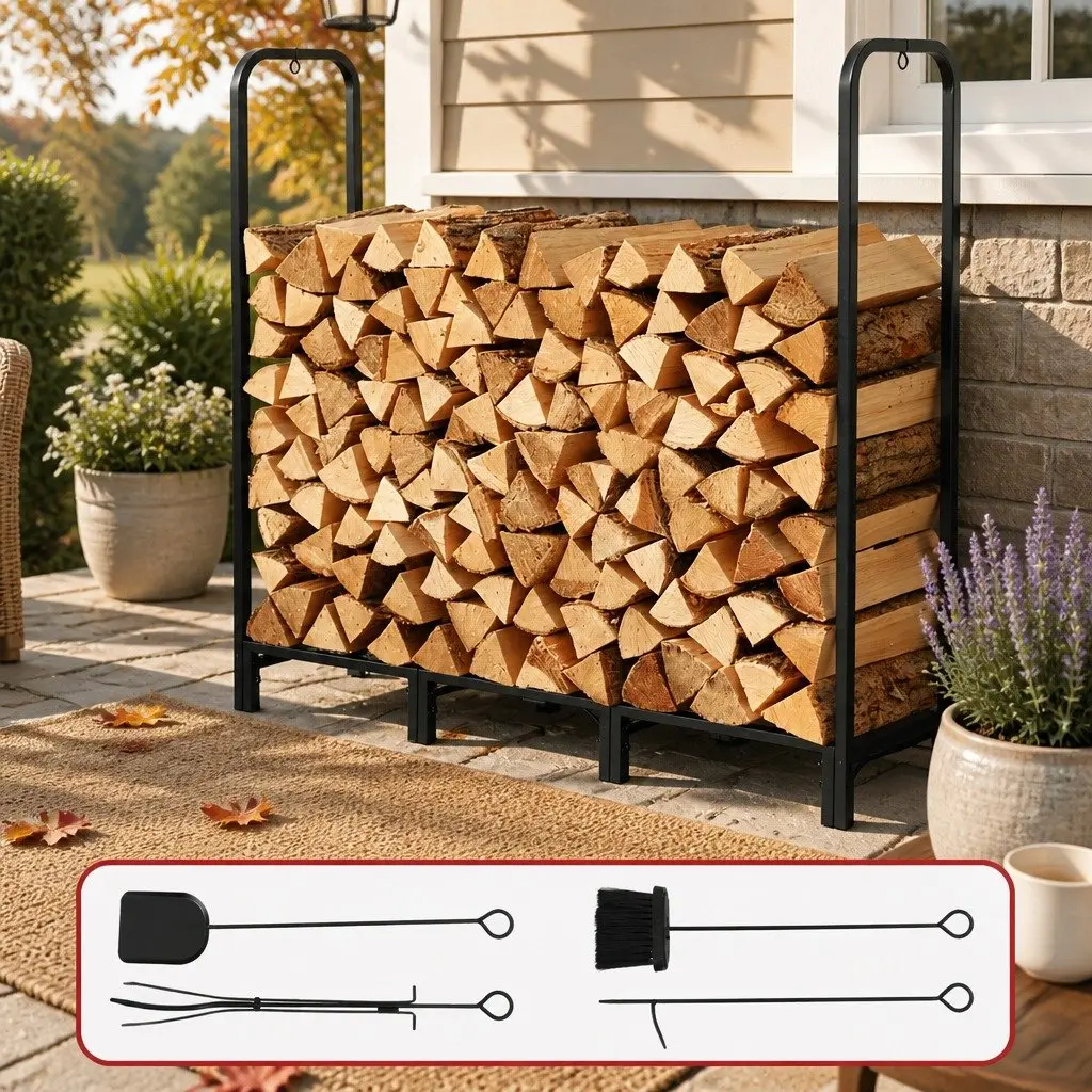 Firewood Rack Storage 120cm Heavy-Duty Log Holder Patio Garage Tools Included