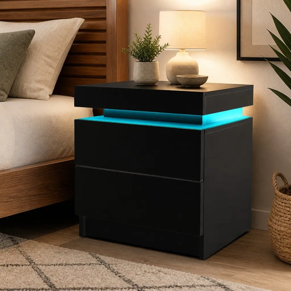 Black Bedside Table with 2 Drawers and LED Lighting