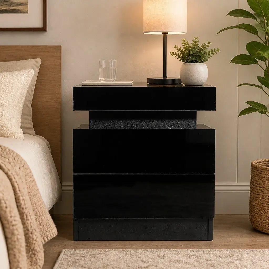 Black Bedside Table with 2 Drawers and LED Lighting