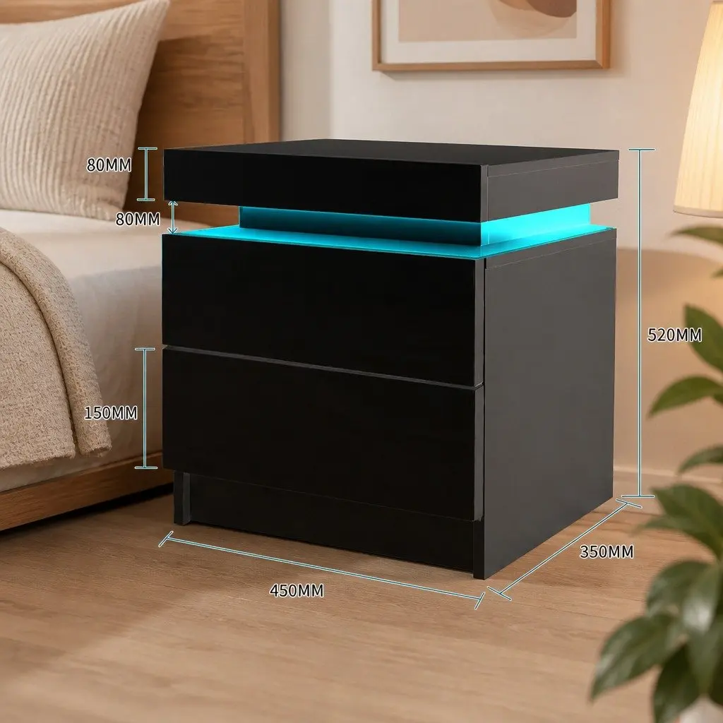 Black Bedside Table with 2 Drawers and LED Lighting