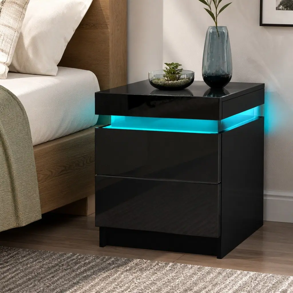 Black Bedside Table with 2 Drawers and LED Lighting