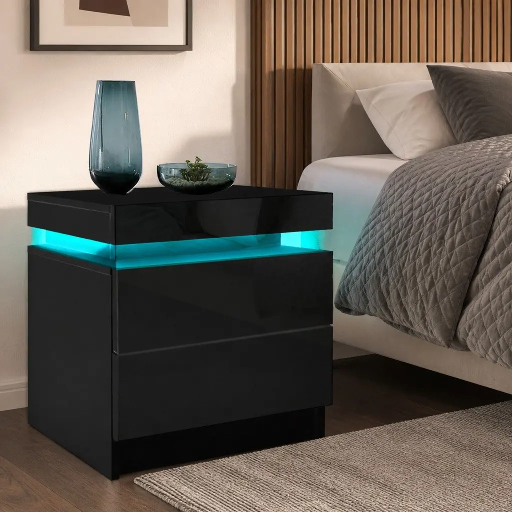 Black Bedside Table with 2 Drawers and LED Lighting