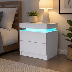 Bedside Table RGB LED Side Table White Storage Drawers Lift-Top Compartment