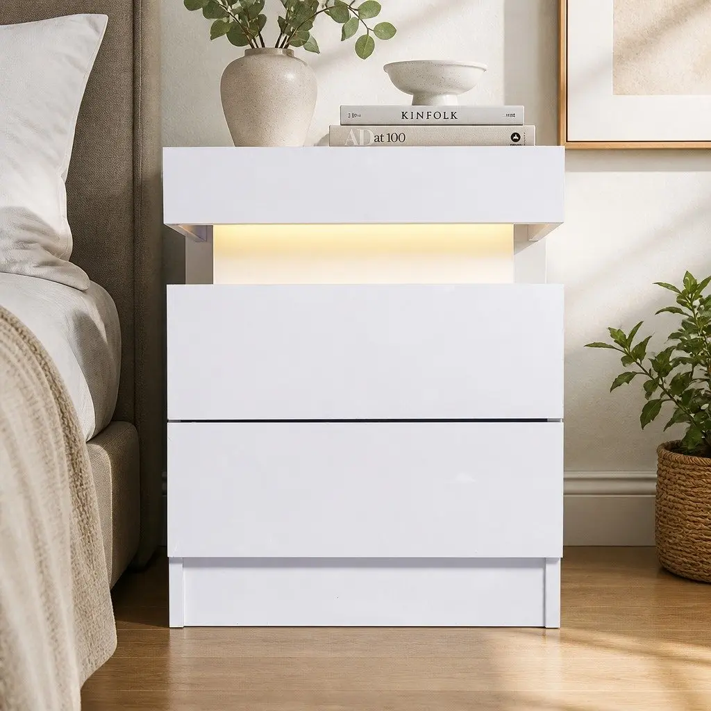 Bedside Table RGB LED Side Table White 45cm L x 35cm W x 52cm H with Storage Drawers and Lift-Top Compartment