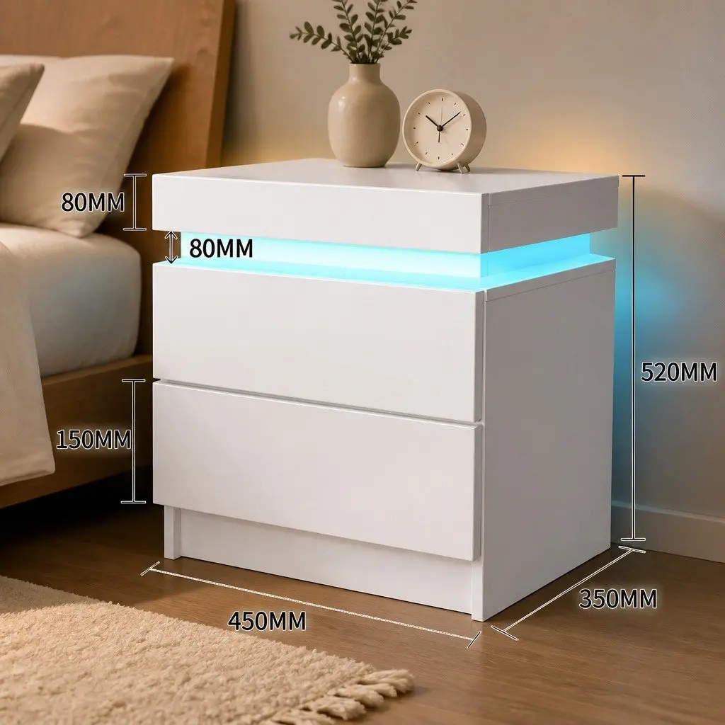 Bedside Table RGB LED Side Table White 45cm L x 35cm W x 52cm H with Storage Drawers and Lift-Top Compartment