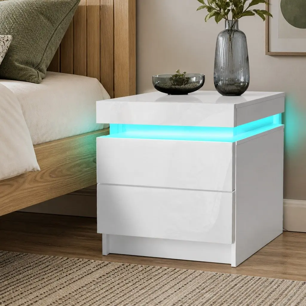 Bedside Table RGB LED Side Table White 45cm L x 35cm W x 52cm H with Storage Drawers and Lift-Top Compartment