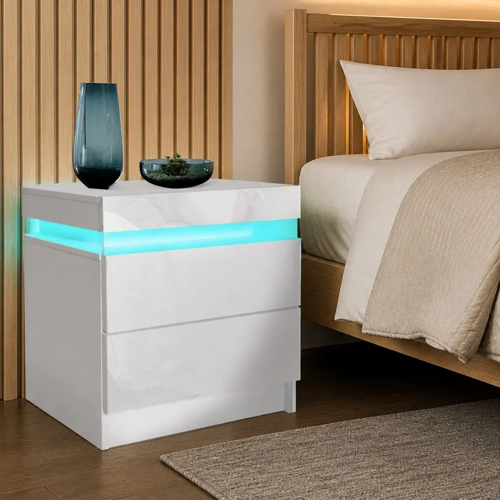 Bedside Table RGB LED Side Table White 45cm L x 35cm W x 52cm H with Storage Drawers and Lift-Top Compartment