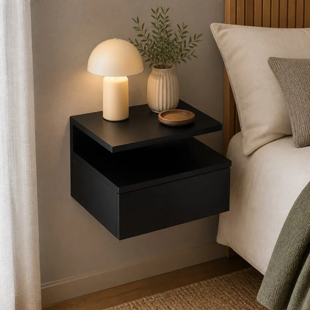 Black Wall-Mounted Bedside Table with LED Lights