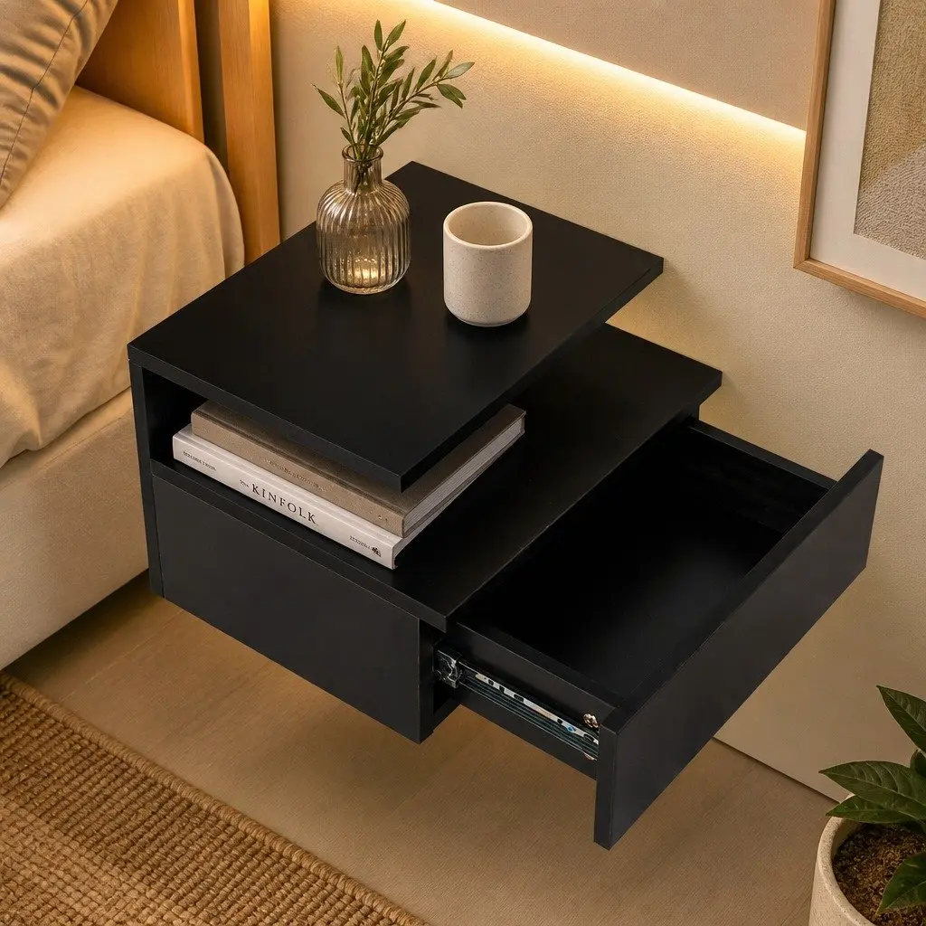 Black Wall-Mounted Bedside Table with LED Lights