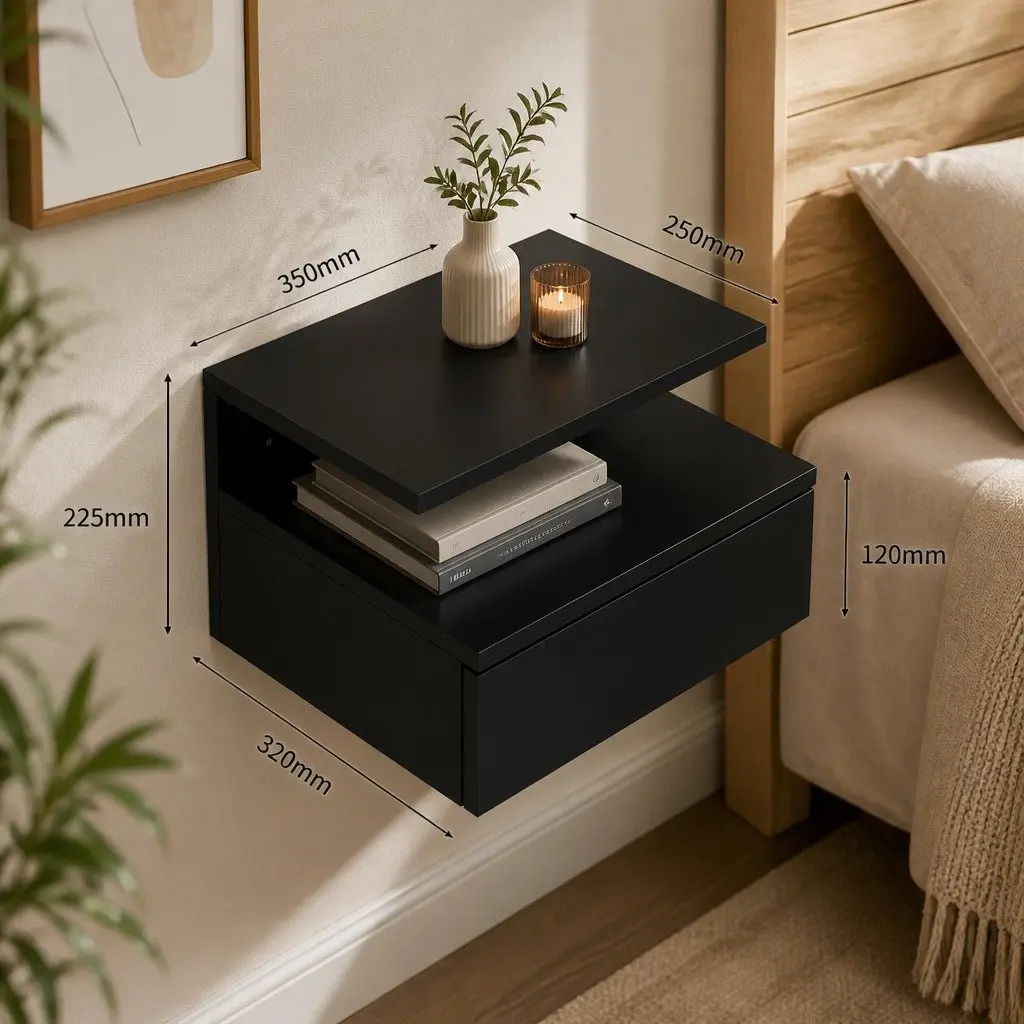 Black Wall-Mounted Bedside Table with LED Lights