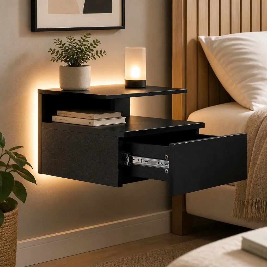 Black Wall-Mounted Bedside Table with LED Lights