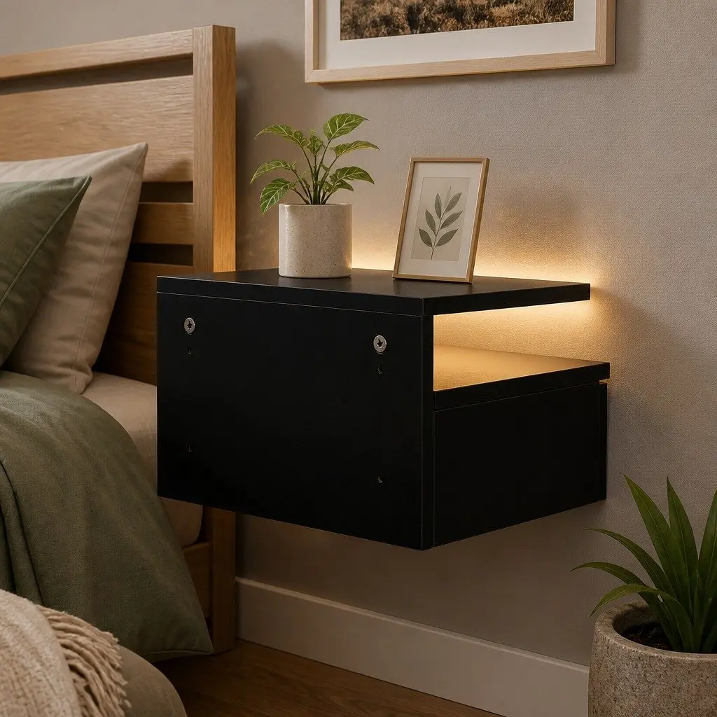 Black Wall-Mounted Bedside Table with LED Lights
