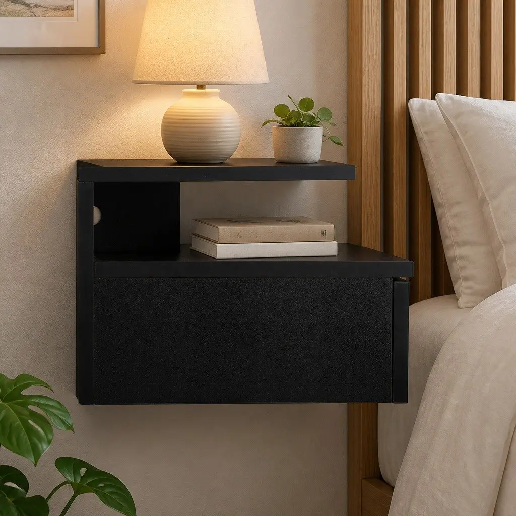 Black Wall-Mounted Bedside Table with LED Lights