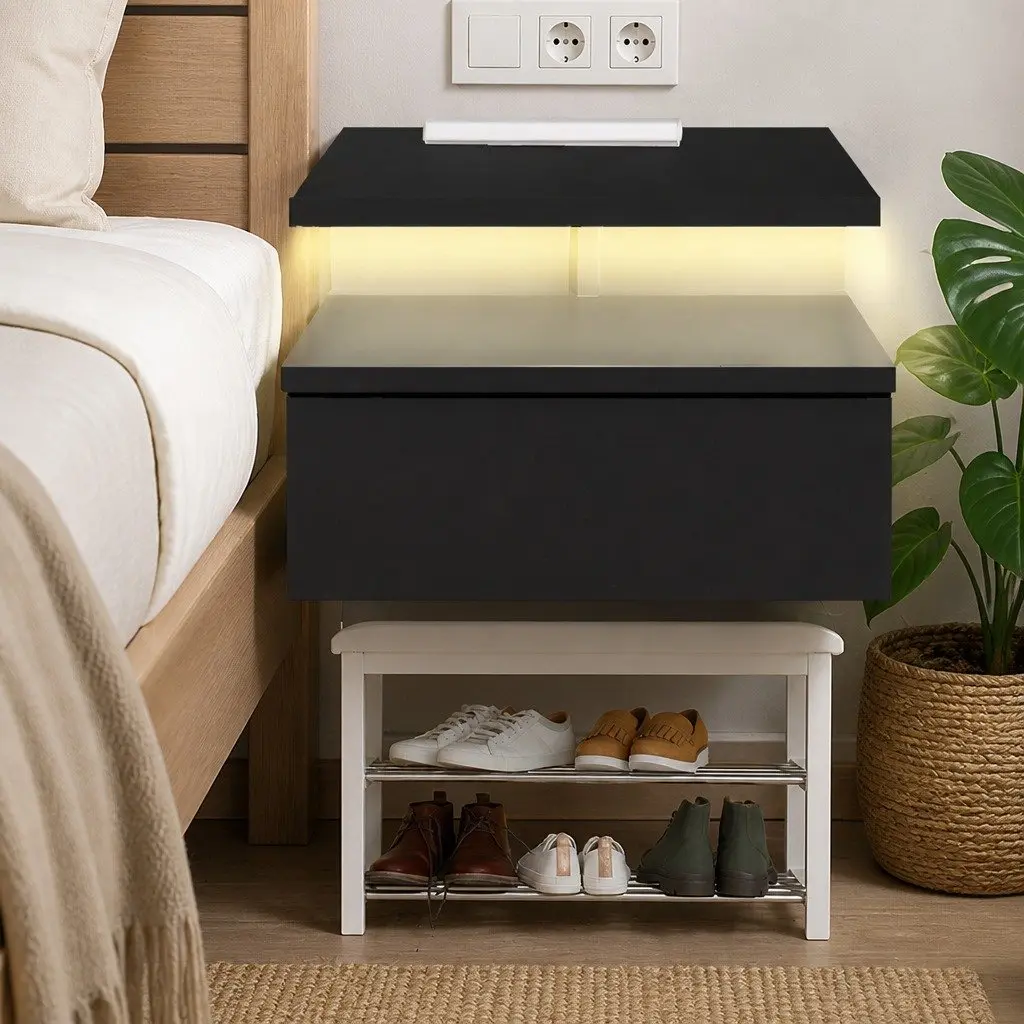 Black Wall-Mounted Bedside Table with LED Lights