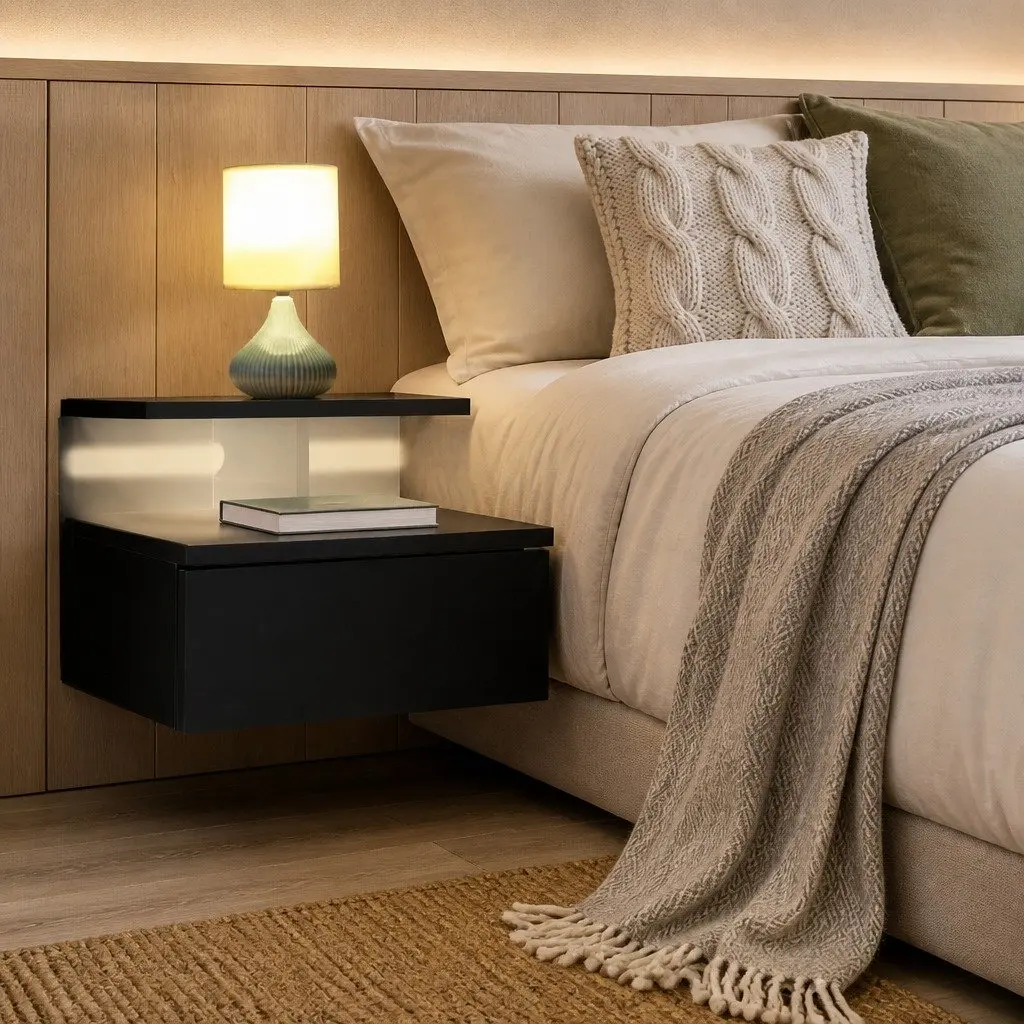 Black Wall-Mounted Bedside Table with LED Lights