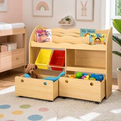 Kids Bookshelf: 108cm W x 29cm D x 88cm H with Bins