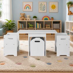 Kids Table and Chairs Set 3 Piece Storage Box Play Activity Desk White