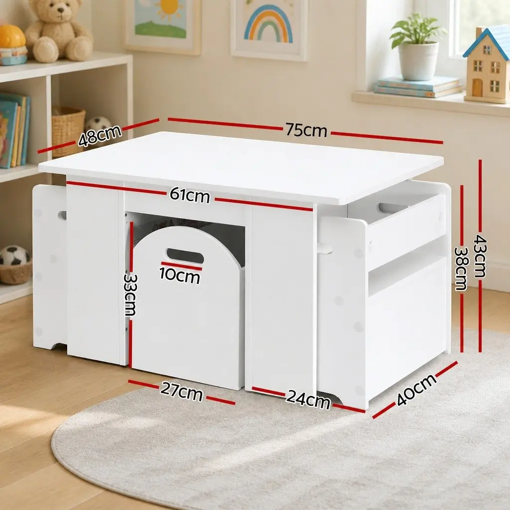Kids Table and Chairs Set with Storage Box White Play Activity Desk 3 Piece
