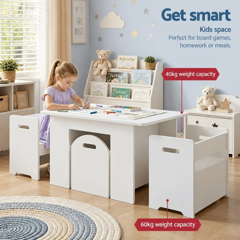 Kids Table and Chairs Set with Storage Box White Play Activity Desk 3 Piece