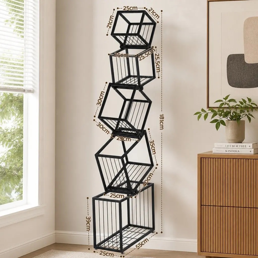 5-Tier Bookshelf Living Room Black Vertical Metal Geometric Display Shelf Storage Organizer