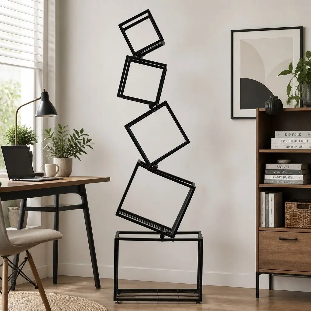 5-Tier Bookshelf Living Room Black Vertical Metal Geometric Display Shelf Storage Organizer