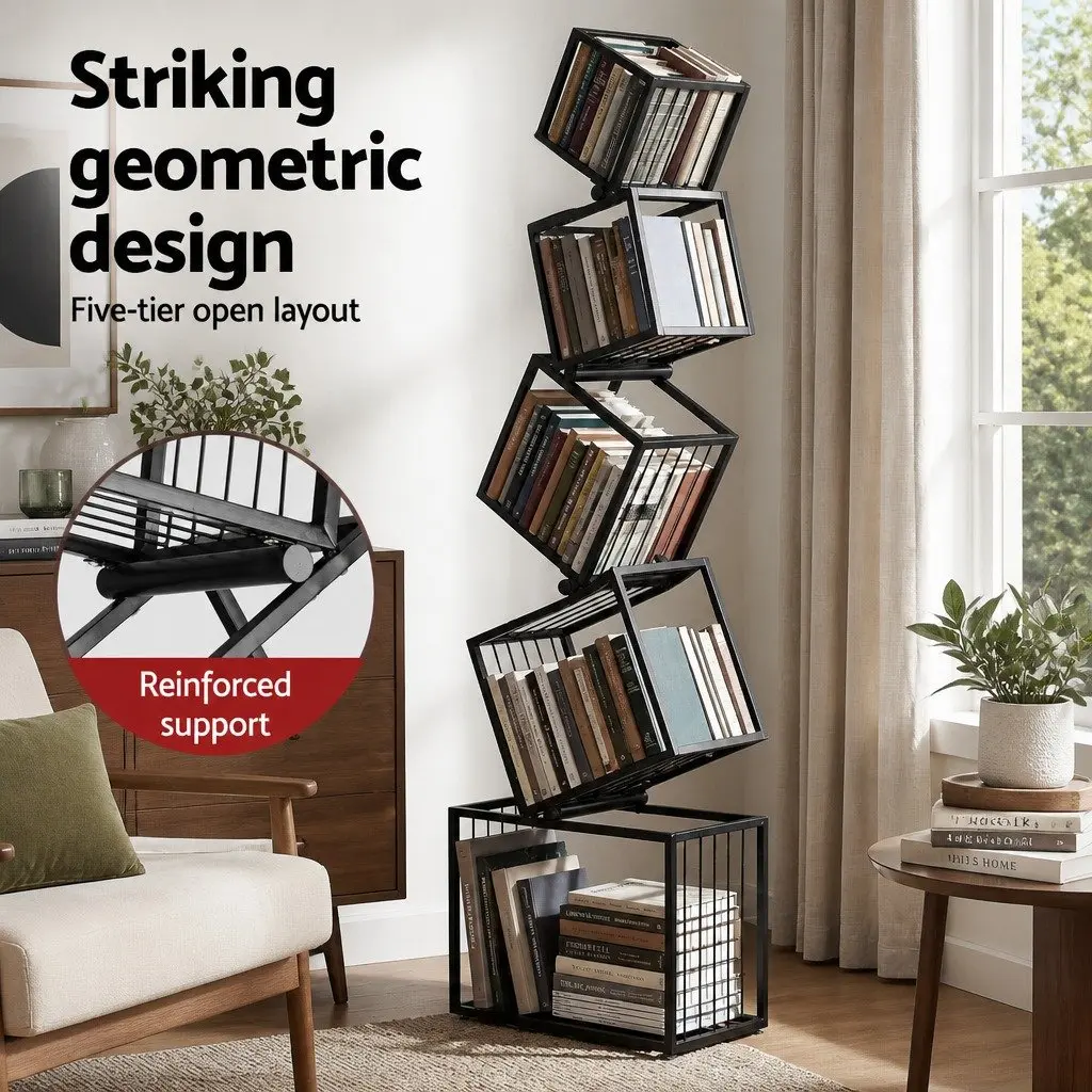 5-Tier Bookshelf Living Room Black Vertical Metal Geometric Display Shelf Storage Organizer
