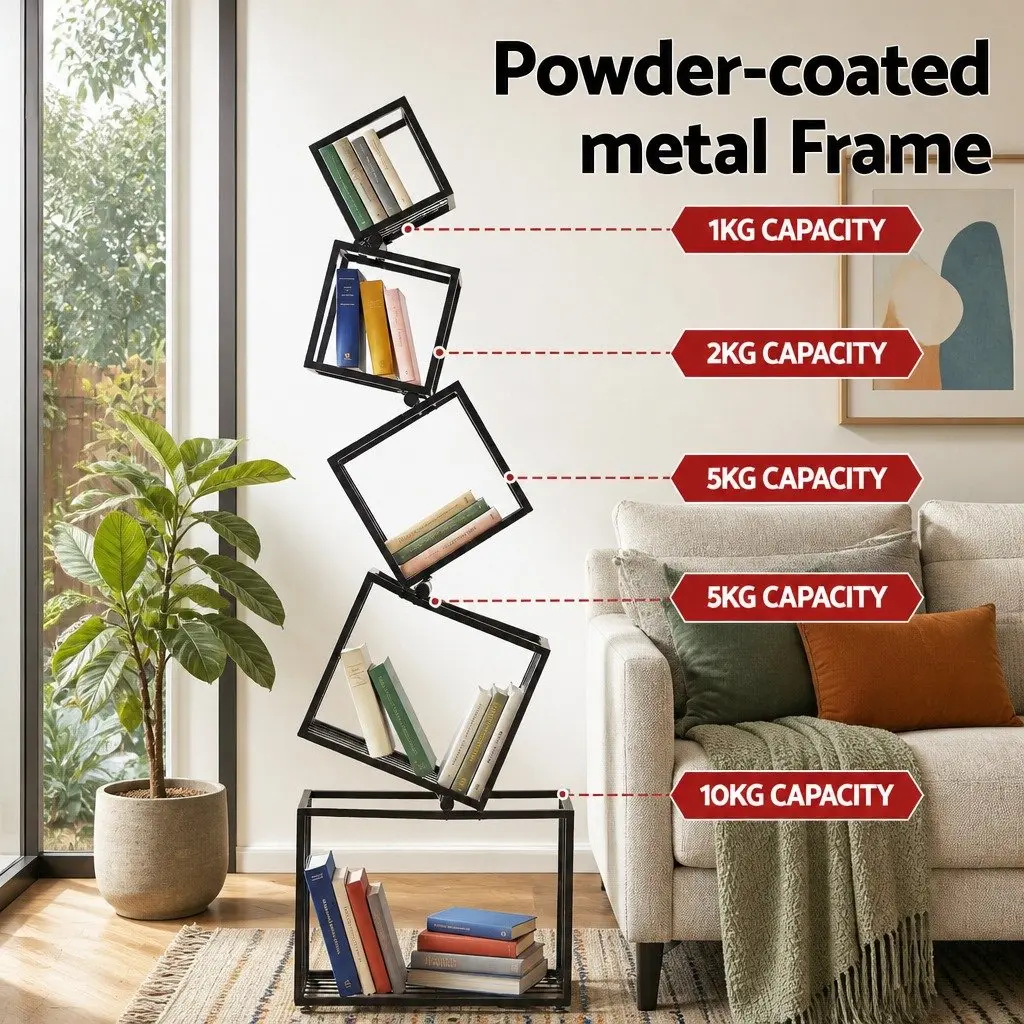 5-Tier Bookshelf Living Room Black Vertical Metal Geometric Display Shelf Storage Organizer