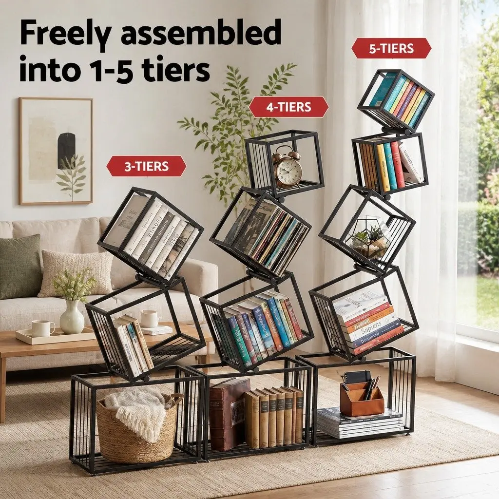 5-Tier Bookshelf Living Room Black Vertical Metal Geometric Display Shelf Storage Organizer