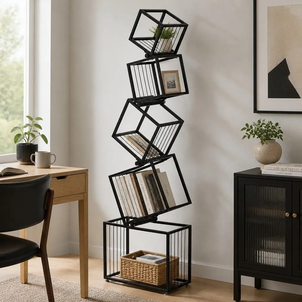 5-Tier Bookshelf Living Room Black Vertical Metal Geometric Display Shelf Storage Organizer