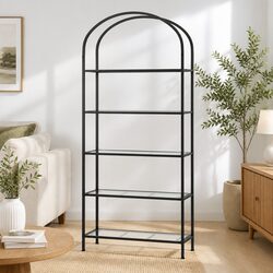 5 Tier Industrial Etagere Bookcase Metal Frame Tempered Glass Shelves Display