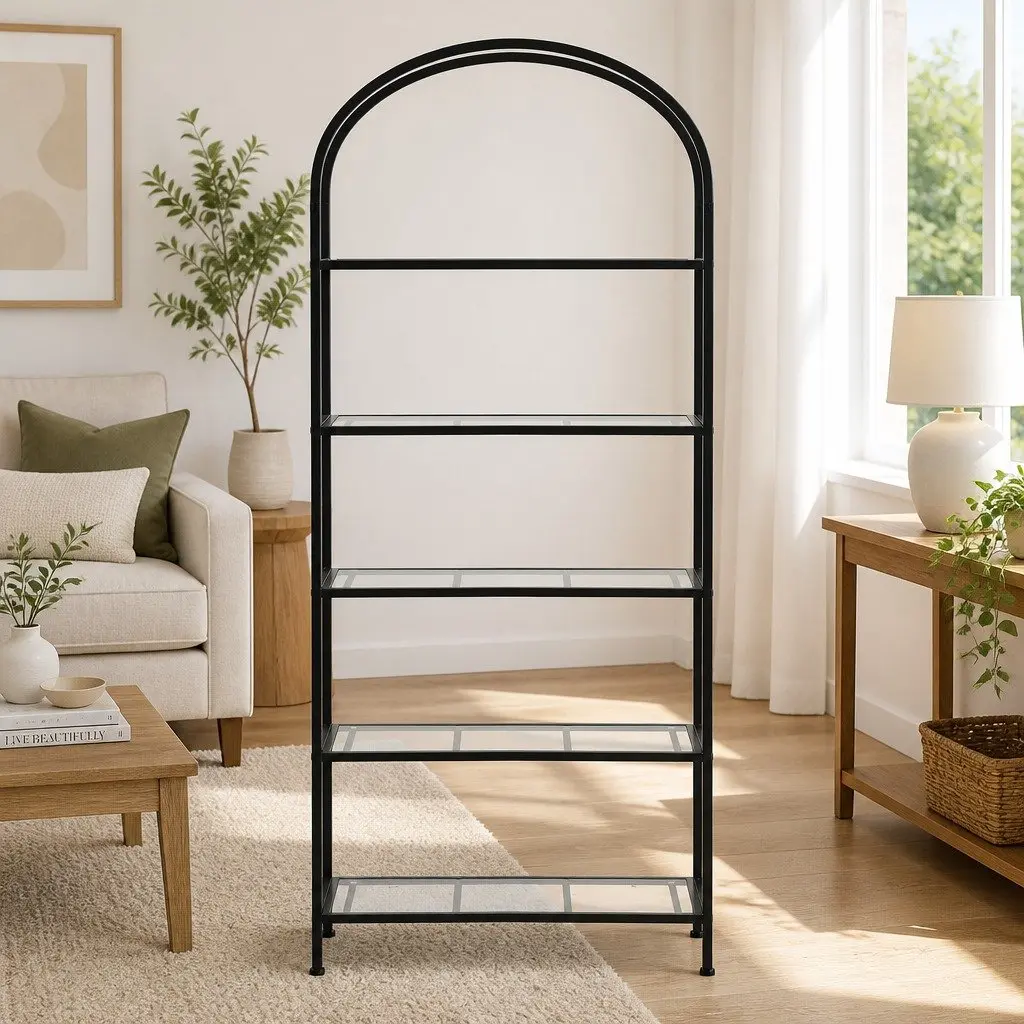 5 Tier Industrial Etagere Bookcase Living Room Black Metal Frame Tempered Glass Shelves