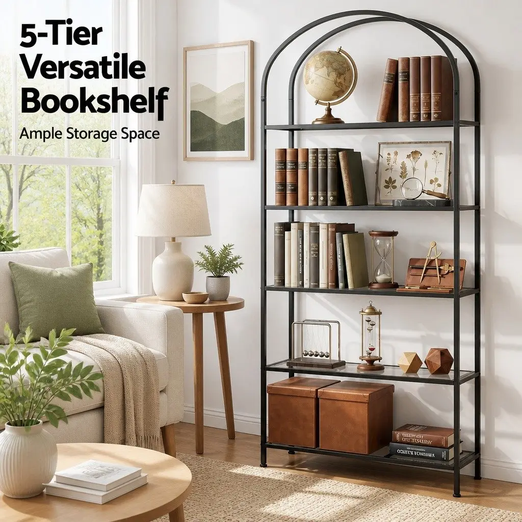 5 Tier Industrial Etagere Bookcase Living Room Black Metal Frame Tempered Glass Shelves