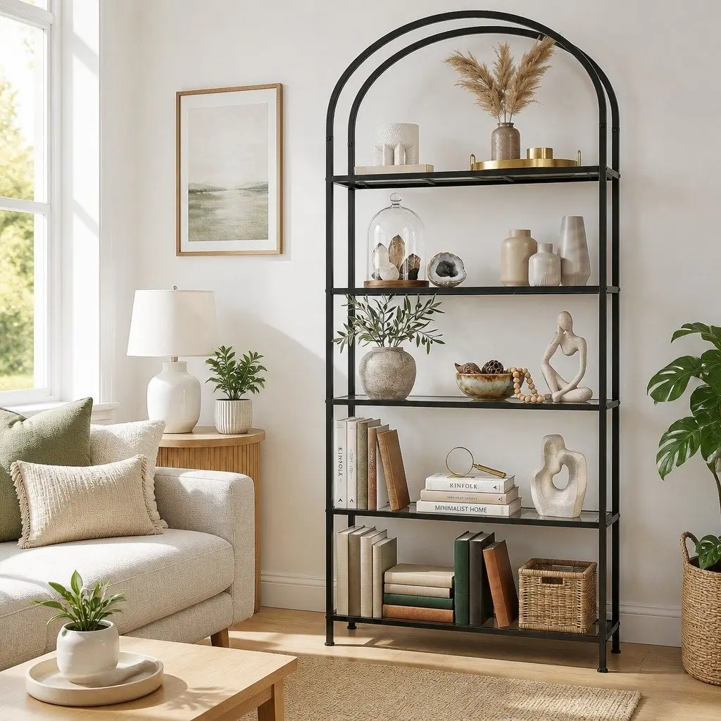 5 Tier Industrial Etagere Bookcase Living Room Black Metal Frame Tempered Glass Shelves