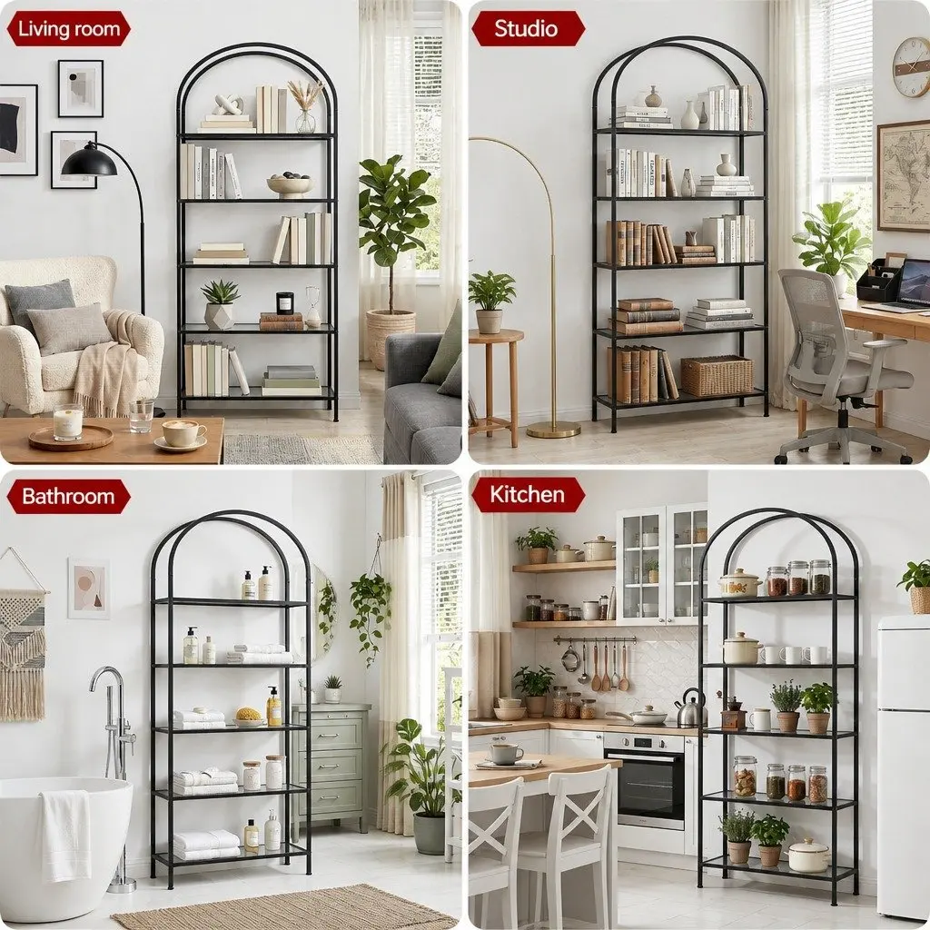 5 Tier Industrial Etagere Bookcase Living Room Black Metal Frame Tempered Glass Shelves