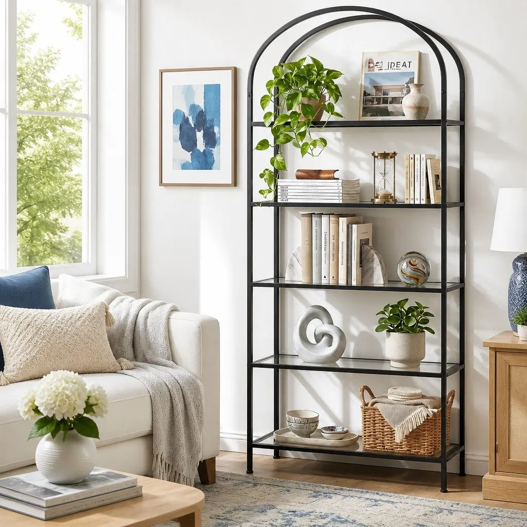 5 Tier Industrial Etagere Bookcase Living Room Black Metal Frame Tempered Glass Shelves