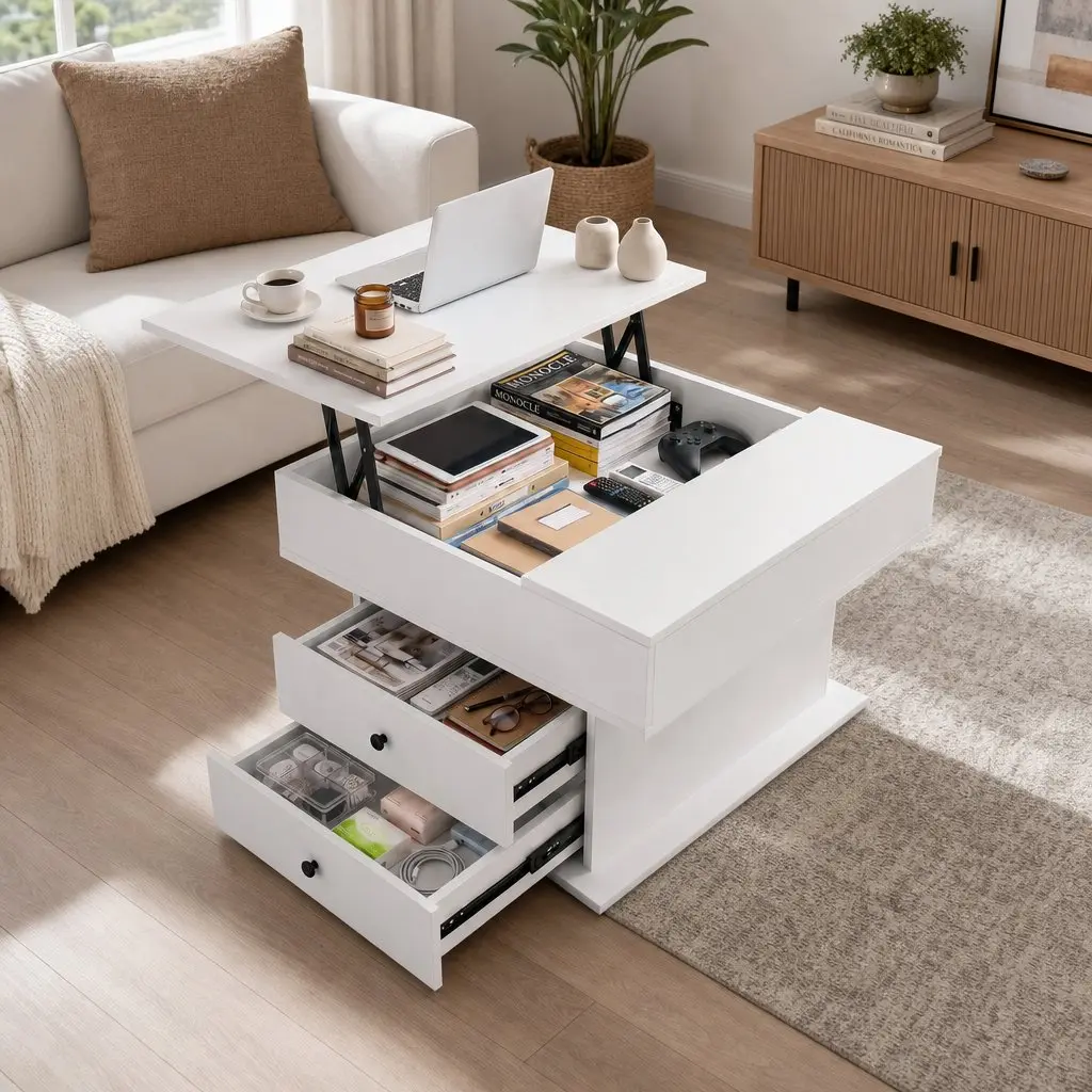 Lift Top Coffee Table Living Room Square 71cm x 70cm White