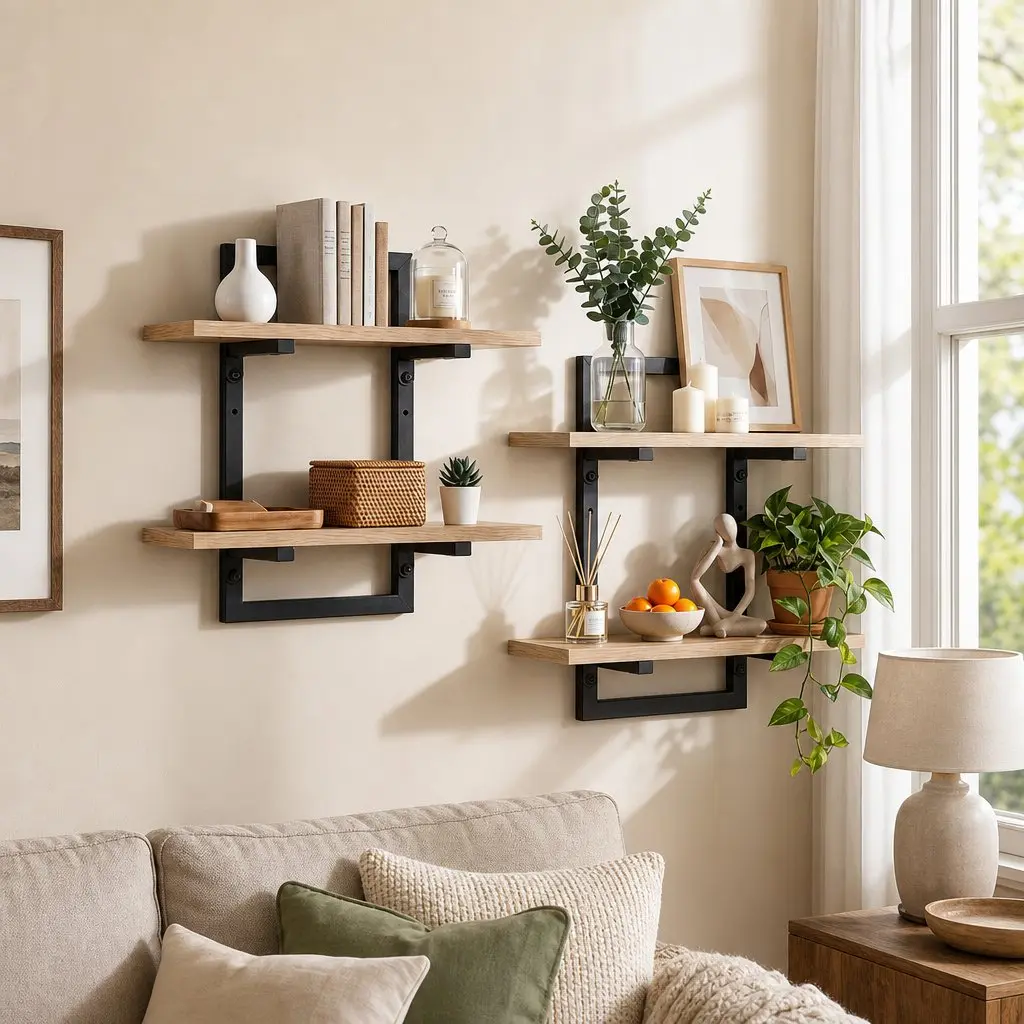 Floating Wall Shelf Set of 2 2-Tier Wall-Mounted Display Ledge Storage Wood for Living Room Kitchen Bathroom Office