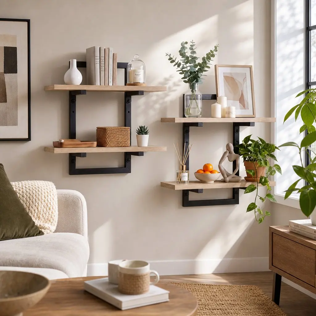 Floating Wall Shelf Set of 2 2-Tier Wall-Mounted Display Ledge Storage Wood for Living Room Kitchen Bathroom Office
