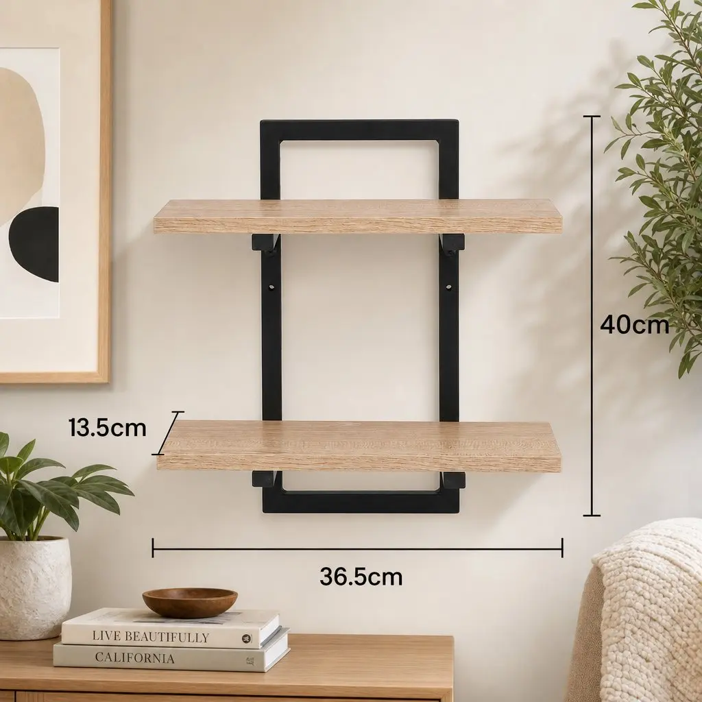 Floating Wall Shelf Set of 2 2-Tier Wall-Mounted Display Ledge Storage Wood for Living Room Kitchen Bathroom Office