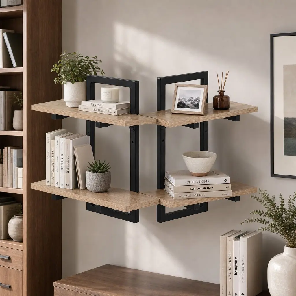 Floating Wall Shelf Set of 2 2-Tier Wall-Mounted Display Ledge Storage Wood for Living Room Kitchen Bathroom Office