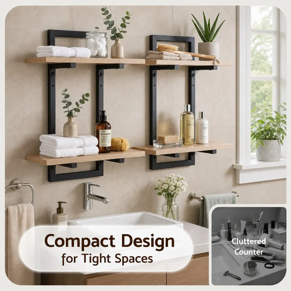 Floating Wall Shelf Set of 2 2-Tier Wall-Mounted Display Ledge Storage Wood for Living Room Kitchen Bathroom Office