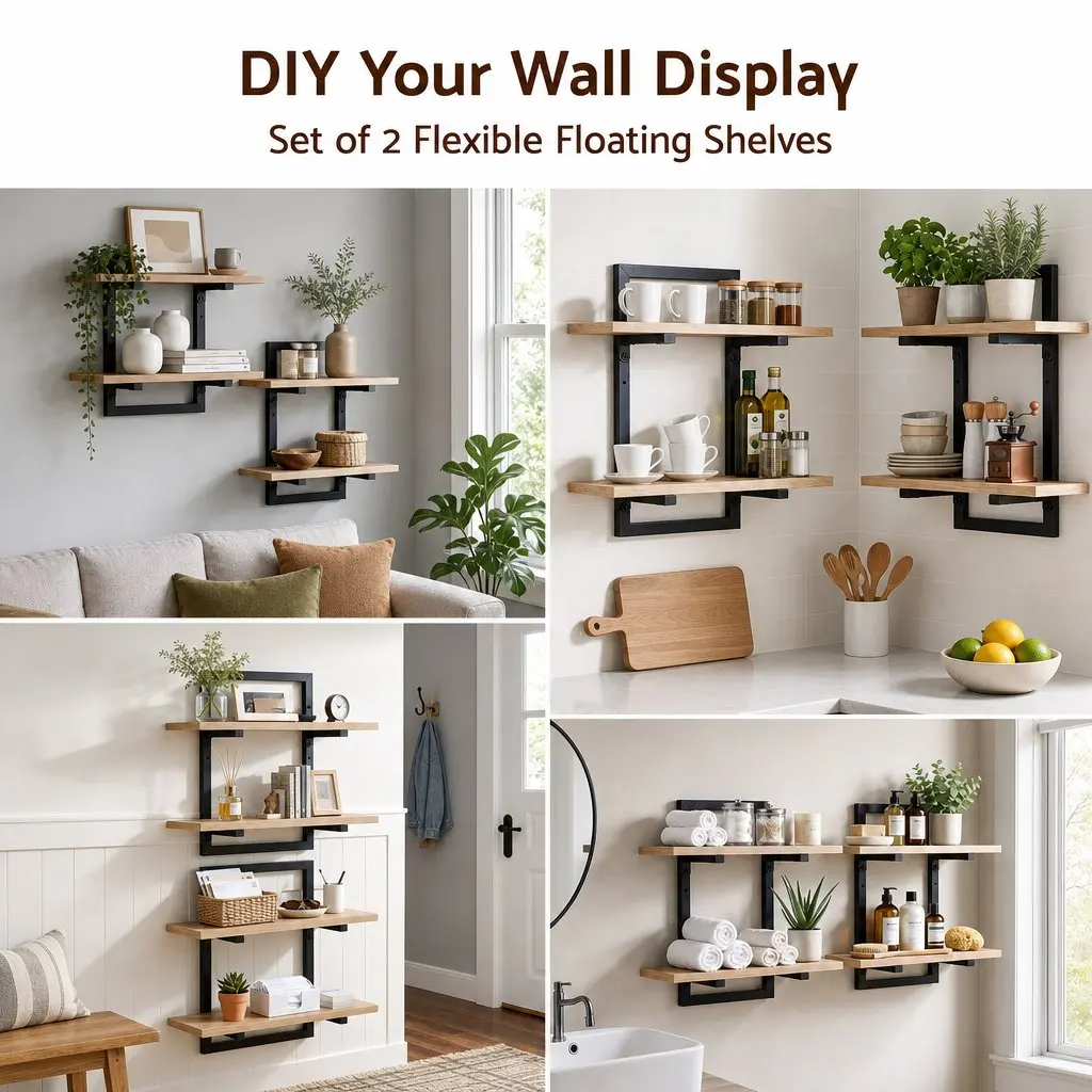 Floating Wall Shelf Set of 2 2-Tier Wall-Mounted Display Ledge Storage Wood for Living Room Kitchen Bathroom Office