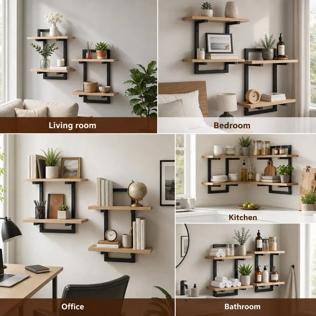 Floating Wall Shelf Set of 2 2-Tier Wall-Mounted Display Ledge Storage Wood for Living Room Kitchen Bathroom Office